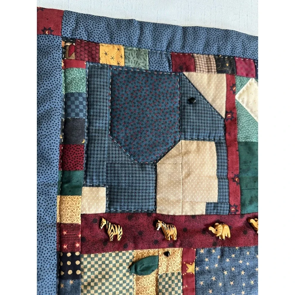 Vtg Folk Art Noahs Ark Mini Quilt 16x24 Wall Hanging Primitive Handmade